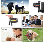 A collage showing a black phone mount with a rainbow-colored stripe detail, including outdoor hikers, a close-up of the mount attached to a phone, an office meeting scene, a baby care moment, and a pet care scene with a dog.