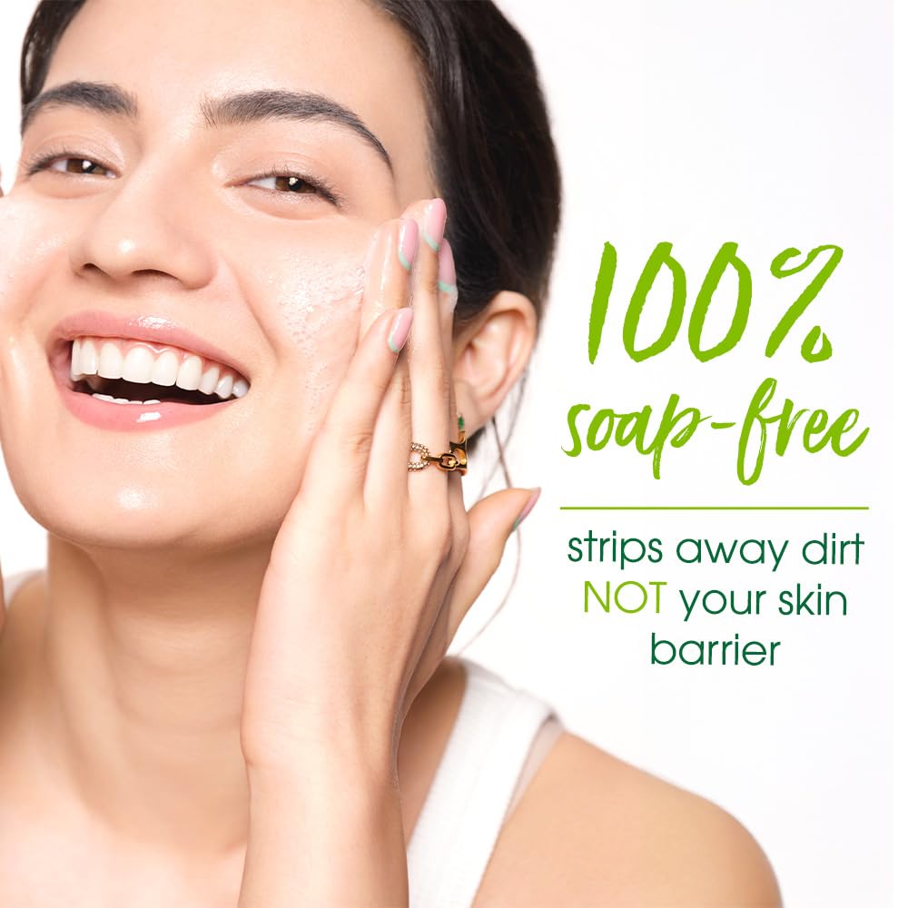 Woman applying skincare product with text '100% soap-free' on a white background