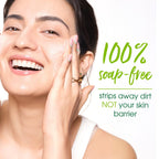 Woman applying skincare product with text '100% soap-free' on a white background
