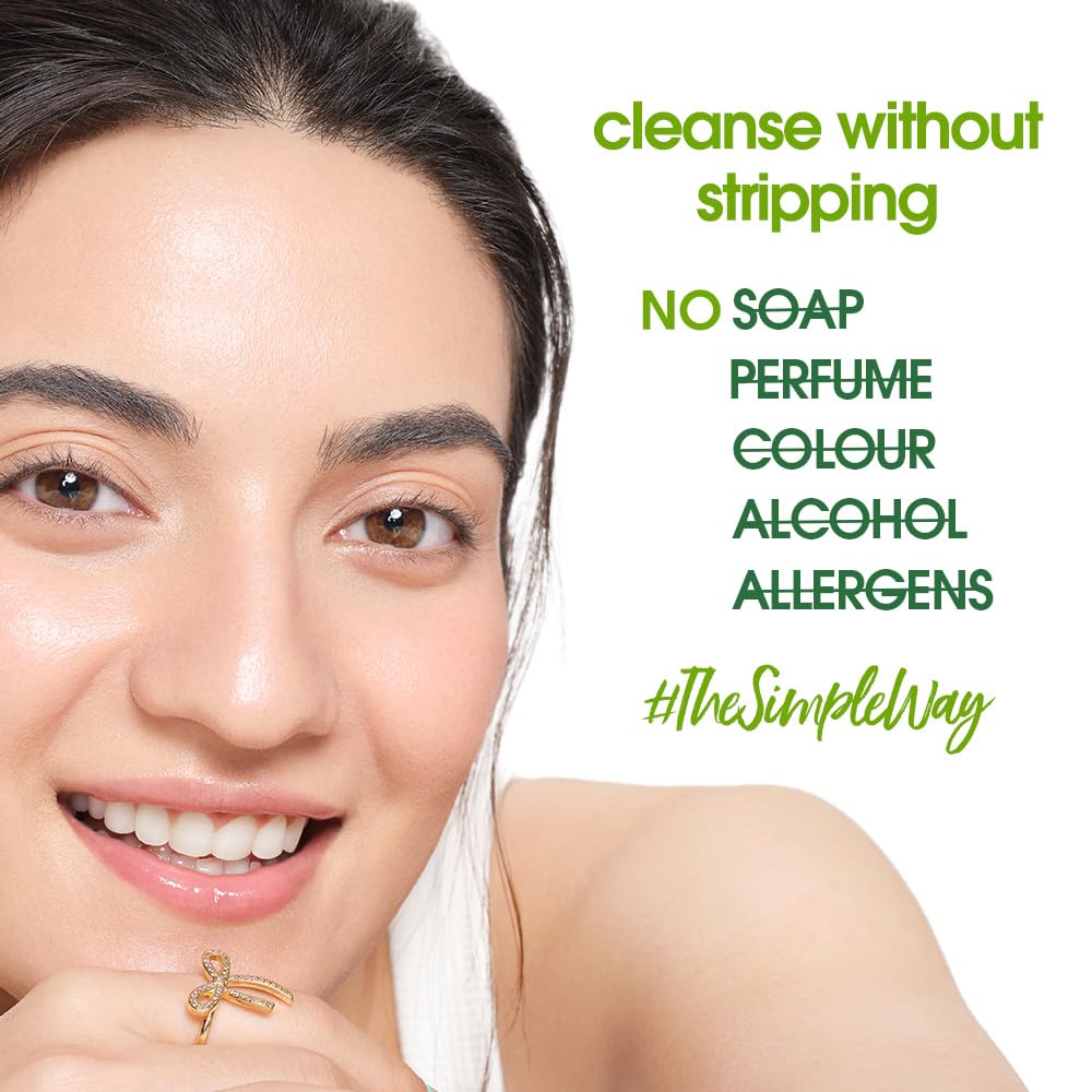 Woman with a clean face and text about skincare products on a white background
