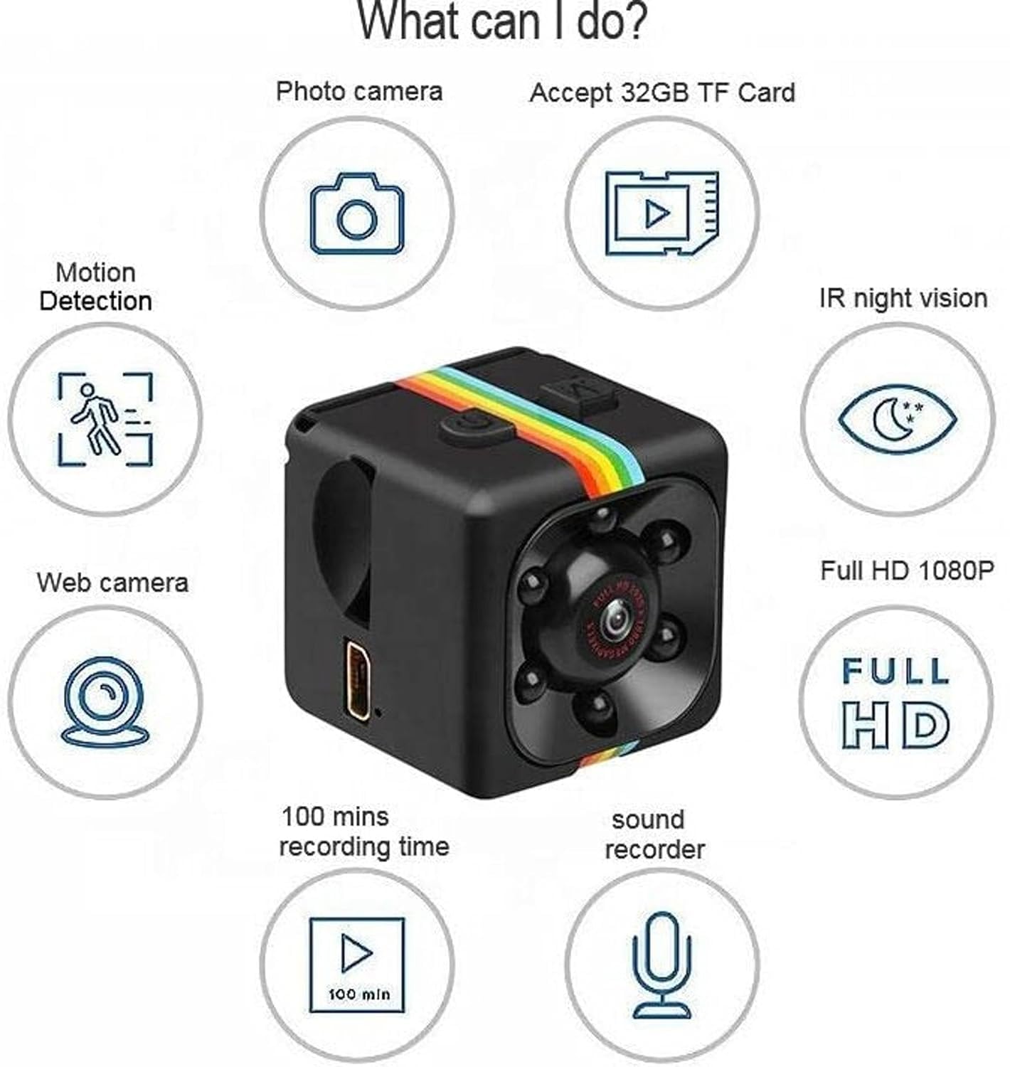A small black cube-shaped security camera with a rainbow stripe detail, surrounded by feature icons and text on a white background. The text highlights features such as photo camera, motion detection, web camera, IR night vision, full HD 1080P, 100 mins recording time, and sound recorder, and states it accepts 32GB TF Card.