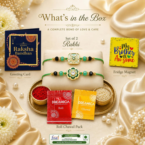 A festive gift set layout titled 'What's in the Box' showing a Rakhi gift set with a greeting card, two decorated rakhi bracelets, a yellow fridge magnet that reads 'My Brother Is Awesome,' a red and yellow Dreamaico rolli chawal pack, and a FSSAI logo at the bottom, arranged on cream satin fabric with decorative flowers and pearls.