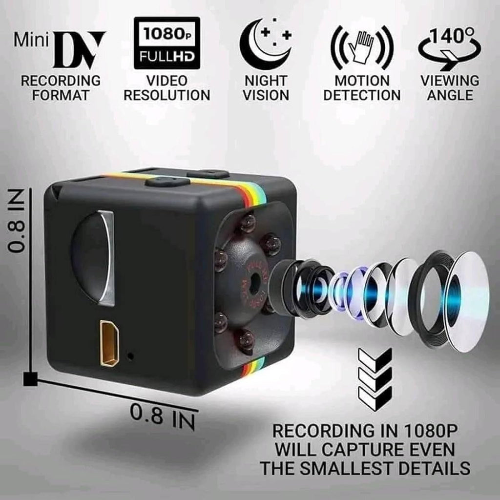 Mini black cube security camera with a rainbow accent stripe, shown with lens detail illustration and feature icons for 1080p recording format, night vision, motion detection, and 140-degree viewing angle. Resale by Fevrr