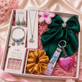 8-Piece Women’s Fashion Jewelry hamper & Hair Accessories Gift Set | Pendant Chain, Charm Bracelet, Oxidised Jhumki Earrings | Satin Hair Bow, Scrunchie & Big Flower Claw Clip | Random Colors & Designs, Raksha Bandhan - Rakhi Gift
