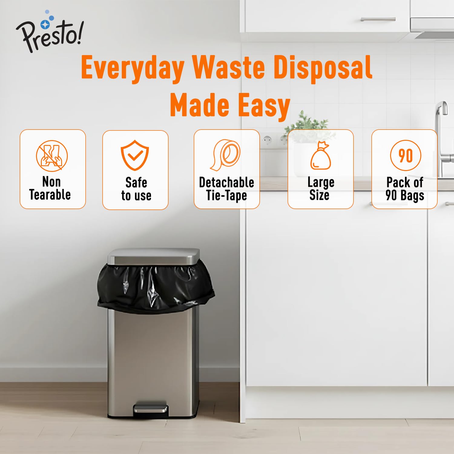 Presto! Garbage Bags | Medium | 180 Count | 30 Bags X 6 Rolls | Black